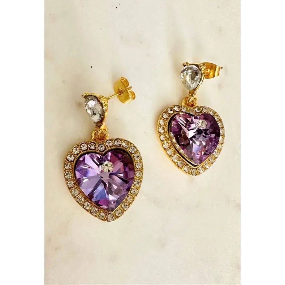 Stunning iridescent purple heart shaped rhinestone dangle earrings